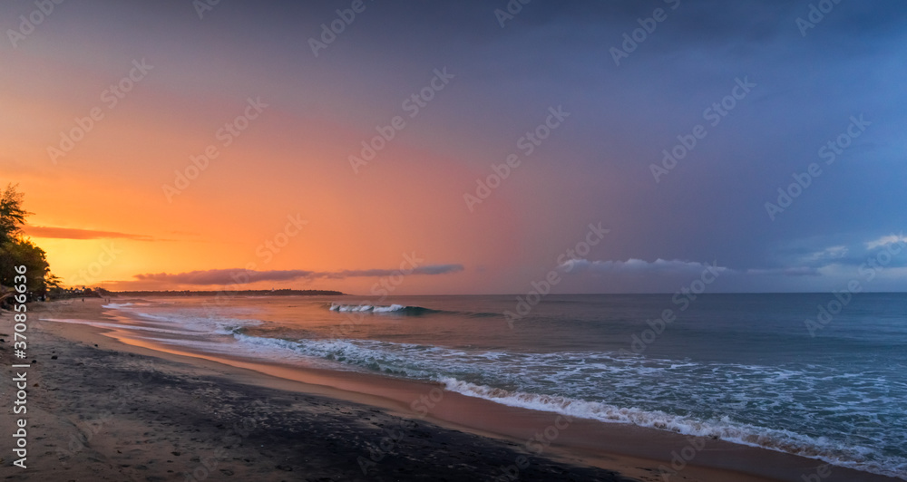 Beautiful sunset over the sea, orange sky. Arugam bay, Ceylon. panoramic format