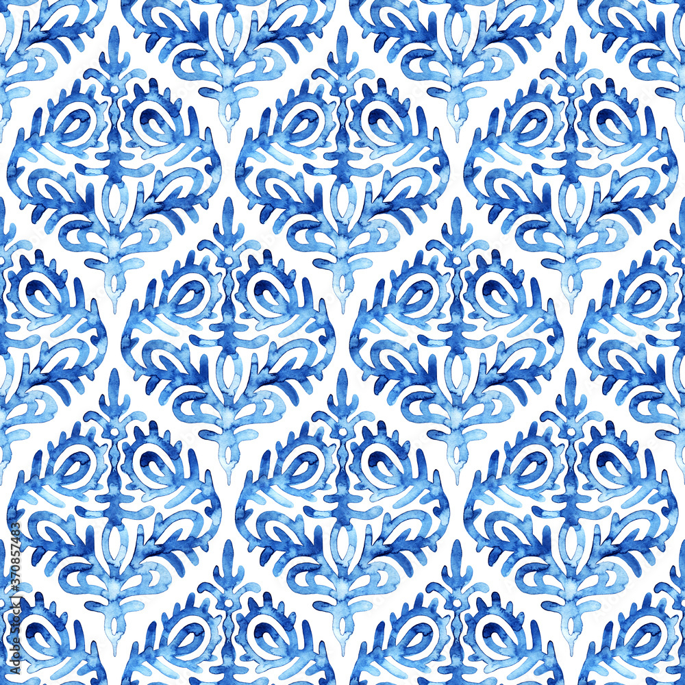 Fototapeta premium Ogee seamless pattern. White and blue watercolor illustration. Print for home textiles.