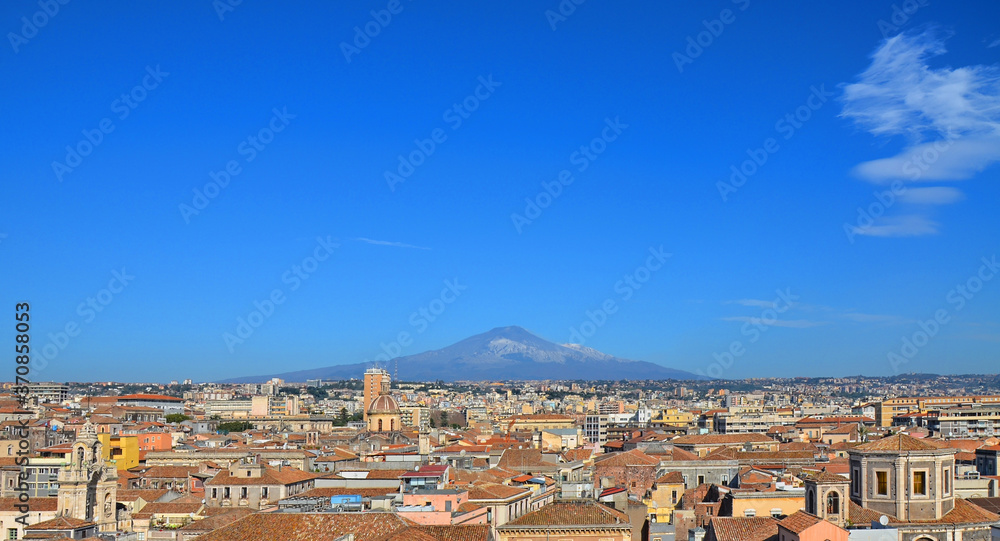 View of Catania city and Etna volcano. Sicily, Italy, 02-11-2019