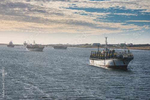 UK, Falkland Islands, Stanley, Fishing trawlers sailing near coast