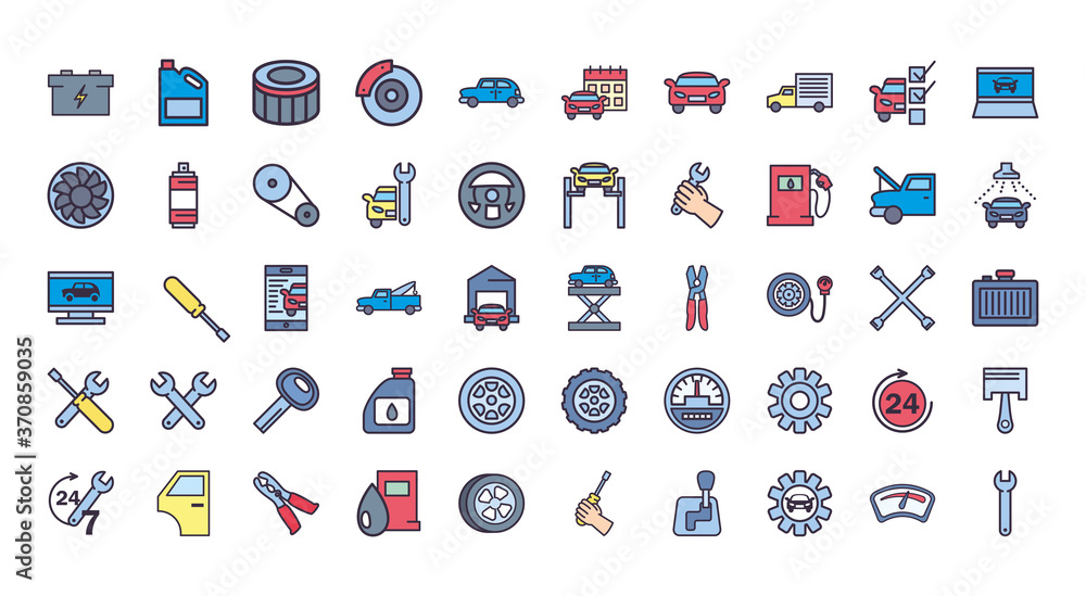 Fototapeta premium repair service and car line and fill style icon vector design