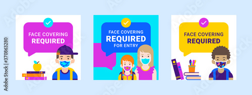 Colorful modern school templates with text boxes. Children and parents wearing masks with stylish pattern