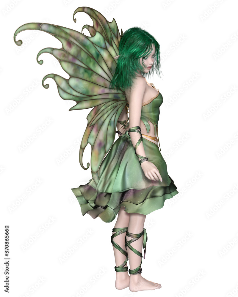 Fantasy illustration of a cute and pretty fairy with green hair, dress