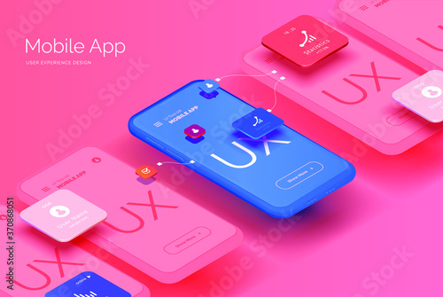 A set of mockups for smartphones with a user interface for a mobile application. Mobile application design for business. User Experience Development. Modern illustration isometric style
