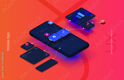 Black smartphone with mobile app interface design. User interface user experience development. Modern vector illustration isometric style