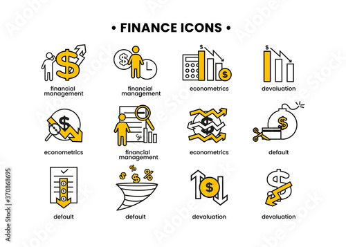 Finance icons set. Vector illustration of financial management, econometrics, devaluation, default. A dollar sign, next to which is the silhouette of a man, followed by an up arrow.