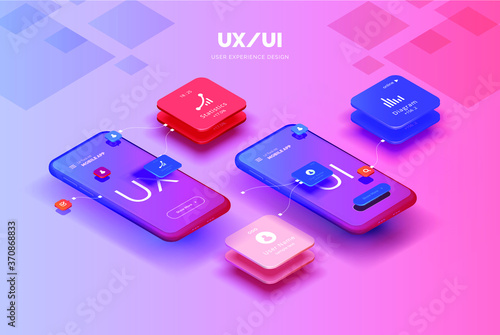 Toolkit-UI/UX scene creator. Mobile application design. Smartphone mockup with active blocks and connections. Creation of the user interface. Modern vector illustration isometric style