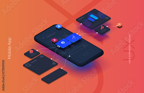 Obraz w ramie Black smartphone with mobile app interface design. User interface user experience development. Modern vector illustration isometric style