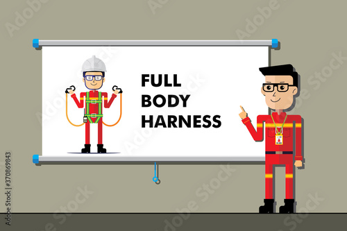 Safety manager on presentation training of wearing full body harness as a working at height personal protective equipment. Flat style cartoon. Industrial and construction
