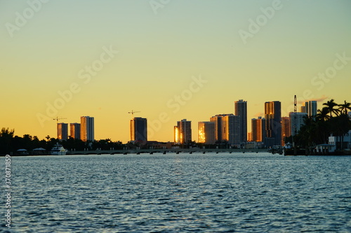 Miami beach skyscrapers at sun set 