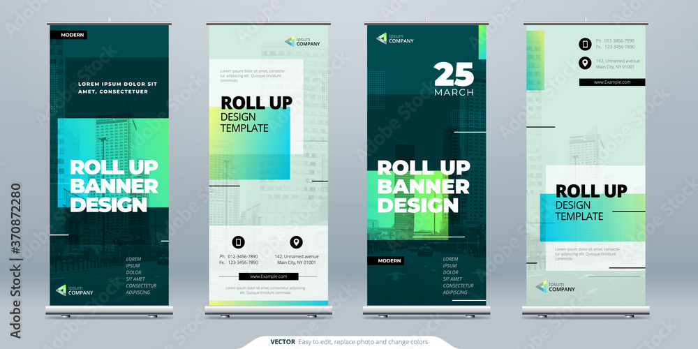 Green Business Roll Up Banner. Abstract Roll up background for Presentation. Vertical roll up, x-stand, exhibition display, Retractable banner stand or flag design layout for conference, forum.