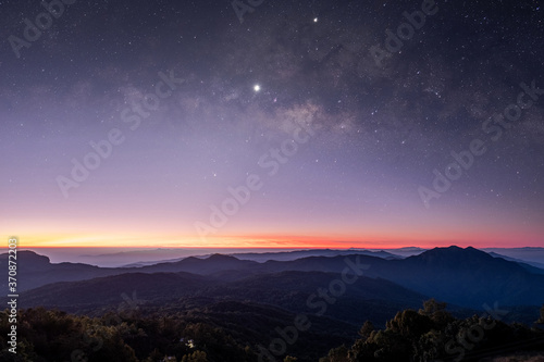 Stars and Milky Way in the dark night sky on the mountains of northern Thailand.