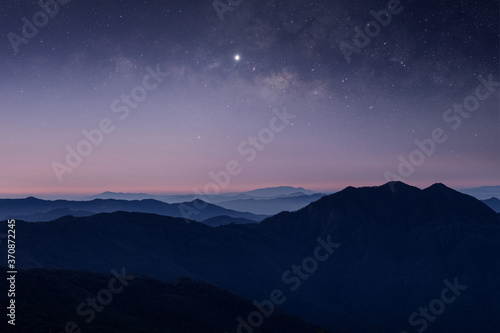 Stars and Milky Way in the dark night sky on the mountains of northern Thailand.