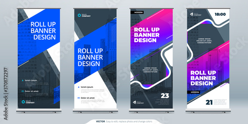 Blue Business Roll Up Banner. Abstract Roll up background for Presentation. Vertical roll up, x-stand, exhibition display, Retractable banner stand or flag design layout for conference, forum.