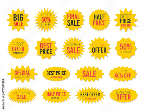 Yellow sale starburst sticker set - collcetion of stared labels and badges with best offer and discount signs.