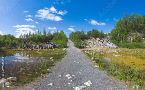 Path through the swamp in the forest. muddy pond. pile of stones. sunny landscape