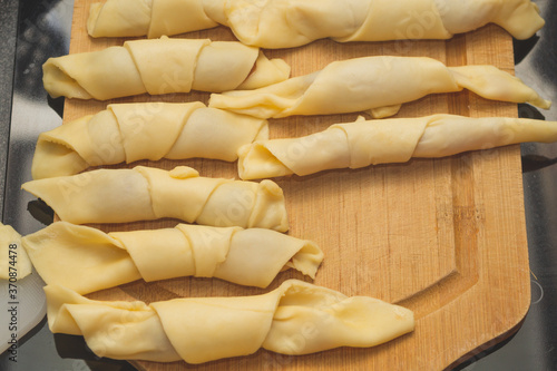 Dough for the croissants with jam. baking preparation. pastry cooking