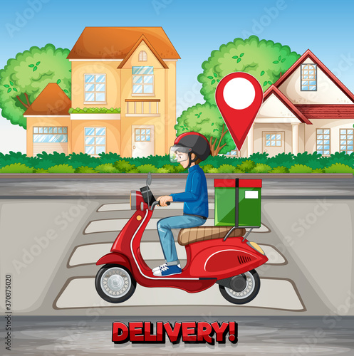 Delivery man riding in the city with delivery logo