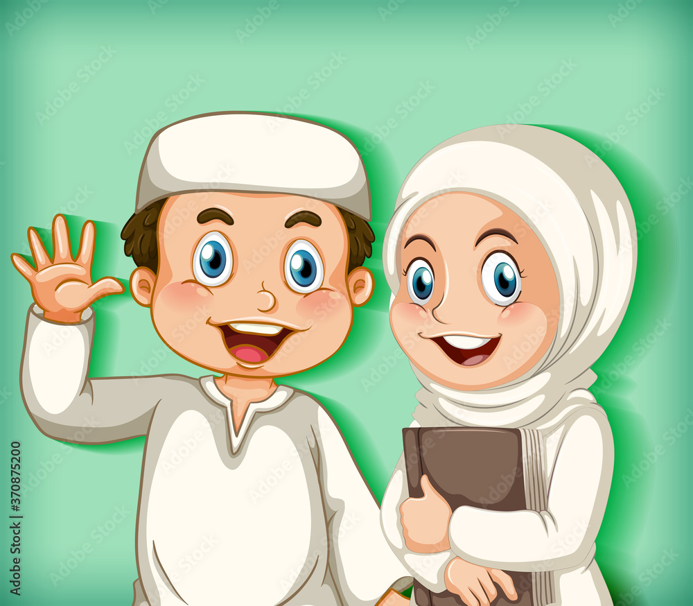Happy muslim couple on colour gradient background Happy muslim couple on colour gradient background