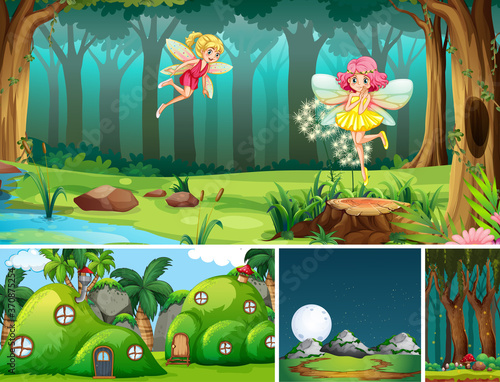 Five different scene of fantasy world with beautiful fairies in the fairy tal...