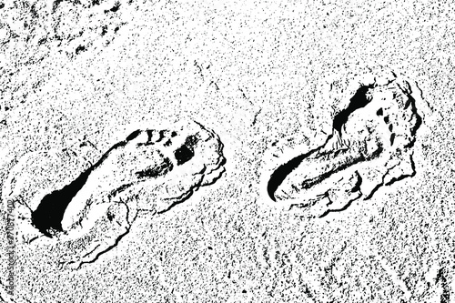 Grunge human footprints in the sand. Step of bare feet on the beach. Overlay template. Vector illustration