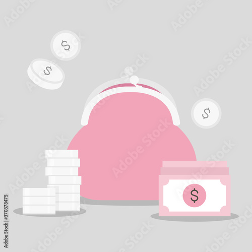 Pink purse and money vector illustration.