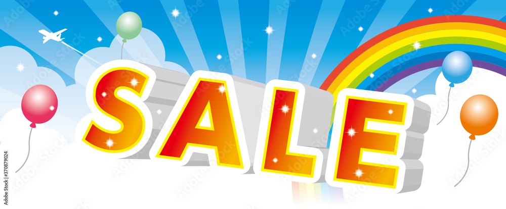 Fototapeta premium インパクトのあるセールのデザイン文字と空と虹の背景イラスト