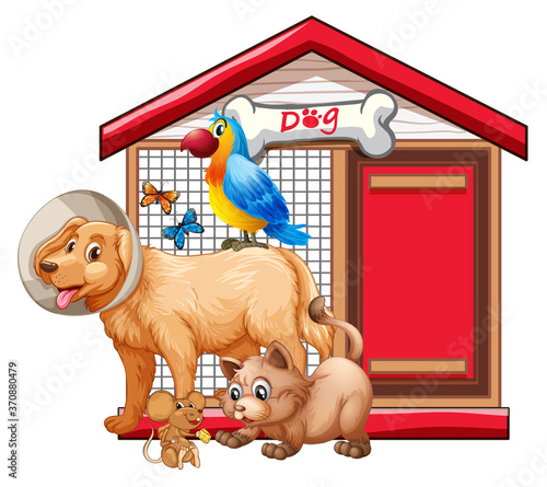Dog cage with animal group cartoon isolated