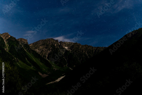夏の上高地で夜の景色を撮影した山からの星空