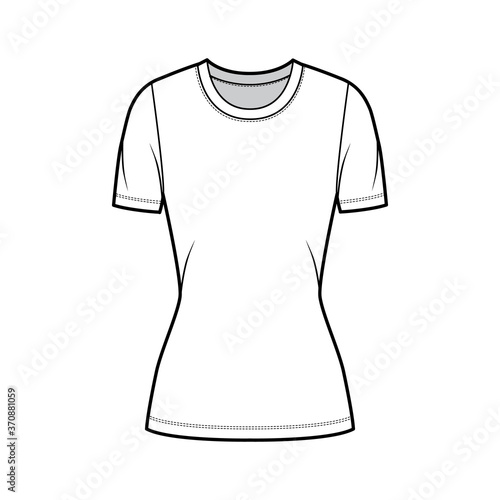 Crew neck jersey t-shirt technical fashion illustration with short sleeves, close-fitting shape, tunic length. Flat sweater apparel template front white color. Women, men, unisex outfit top CAD mockup