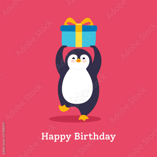 Birthday card penguin with gift box. Holidays postcard cartoon flat greeting. Funny happy abstract animal character. Cute hand drawn penguin, surprise banner for kids. Isolated vector illustration