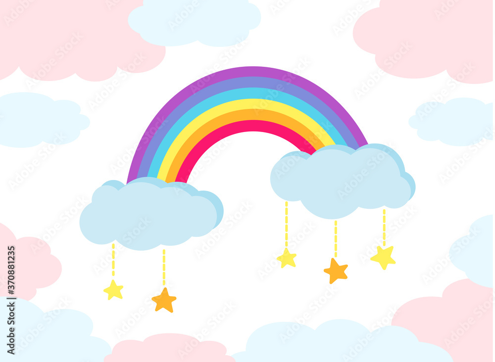 Rainbow with stars flat colored cartoon style, with abstract clouds. Cute bright nature weather, hand drawn elements for kids. For print, card, fabric or book. Isolated vector illustration Rainbow with stars flat colored cartoon style, with abstract clouds. Cute bright nature weather, hand drawn elements for kids. For print, card, fabric or book. Isolated vector illustration