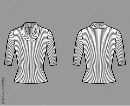 Ribbed cowl turtleneck knit sweater technical fashion illustration with elbow sleeves, close-fitting shape. Flat sweater apparel template front back white color. Women, men unisex shirt top CAD mockup