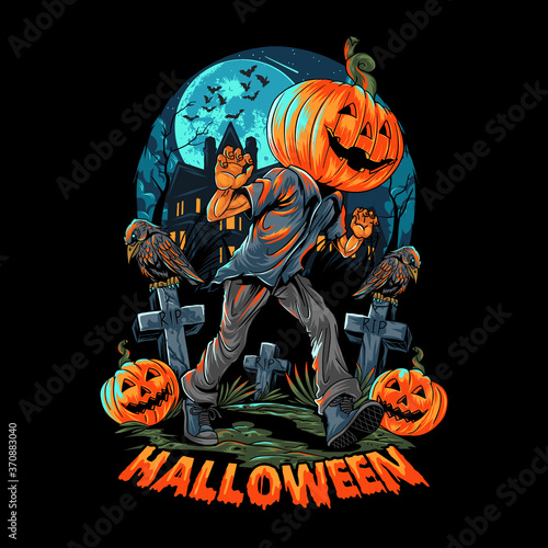 A pumpkin-headed human walks on a lonely and dark street