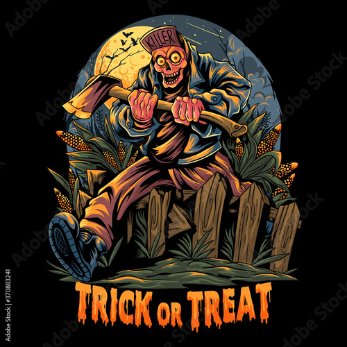 zombies carrying axes going to a halloween party event jumping over wooden fences in the corn garden