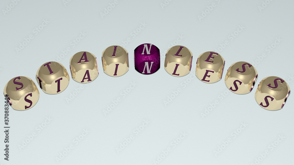 stainless curved text of cubic dice letters. 3D illustration. steel and background stainless curved text of cubic dice letters. 3D illustration. steel and background
