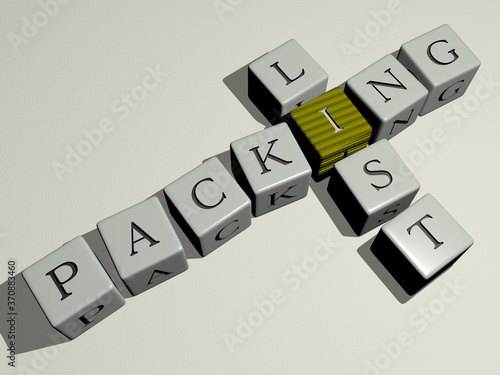 PACKING LIST crossword by cubic dice letters. 3D illustration. background and box
