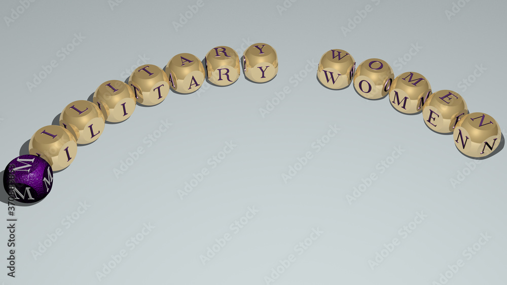 MILITARY WOMEN text of dice letters with curvature. 3D illustration. army and background MILITARY WOMEN text of dice letters with curvature. 3D illustration. army and background