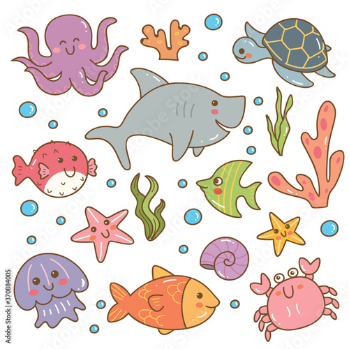 Set of sea animal kawaii doodles