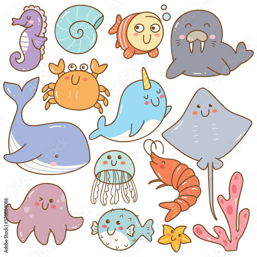 Set of sea animal kawaii doodles