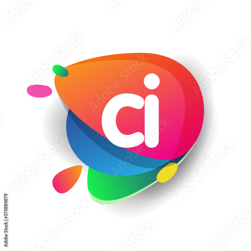 Letter CI logo with colorful splash background, letter combination logo design for creative industry, web, business and company.
