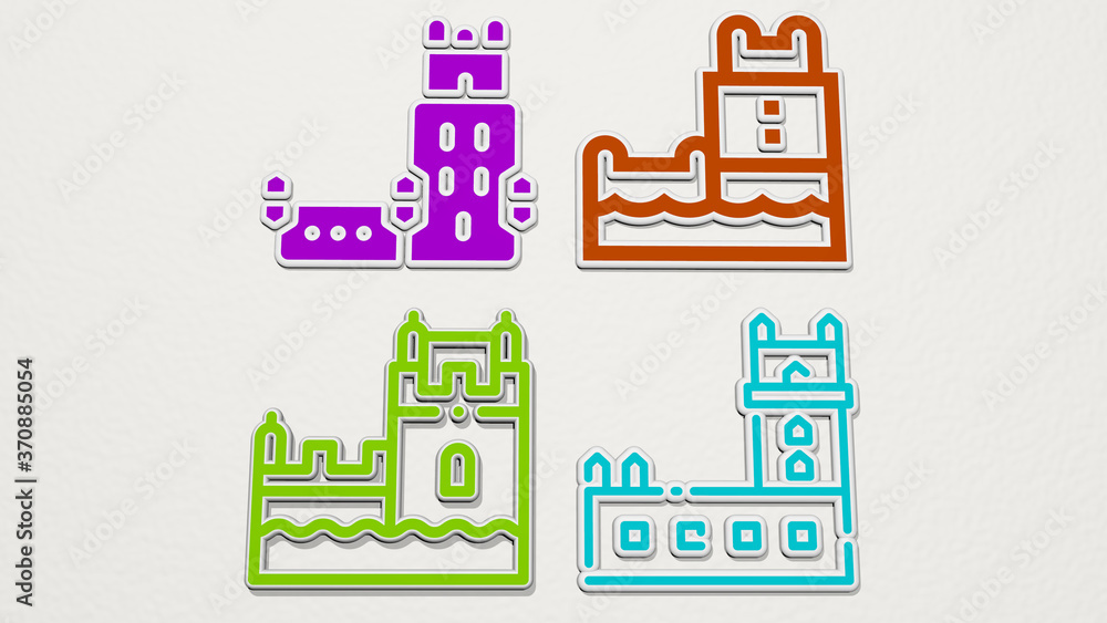 belem tower colorful set of icons. 3D illustration belem tower colorful set of icons. 3D illustration