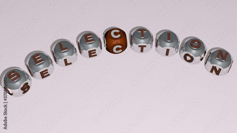 SELECTION curved text of cubic dice letters. 3D illustration. background and food SELECTION curved text of cubic dice letters. 3D illustration. background and food