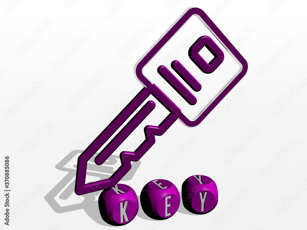 KEY cubic letters with 3D icon on the top. 3D illustration. background and concept KEY cubic letters with 3D icon on the top. 3D illustration. background and concept