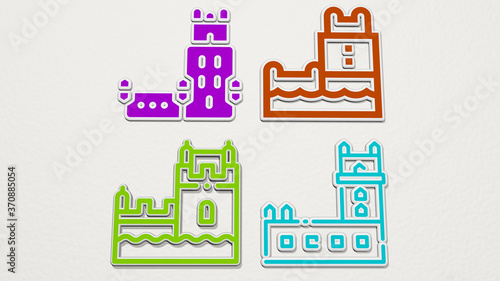 belem tower colorful set of icons. 3D illustration