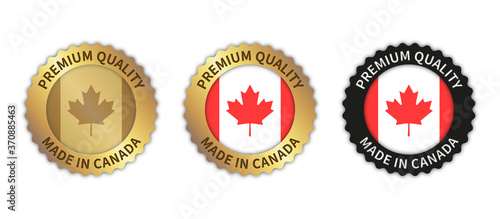 Set of 3 "Made in Canada" vector icons. Illustration with transparent background. Country flag encircled with gold/black stamp. Sticker/logo for product/website.