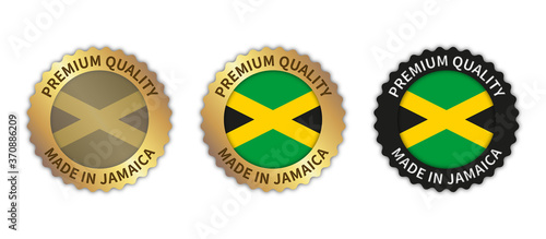 Set of 3 "Made in Jamaica" vector icons. Illustration with transparent background. Country flag encircled with gold/black stamp. Sticker/logo for product/website.