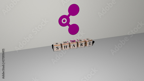 SHARE 3D icon on the wall and cubic letters on the floor. 3D illustration. business and concept
