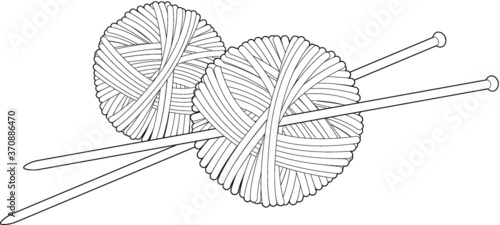 A line art illustration of knitting wool and knitting needles