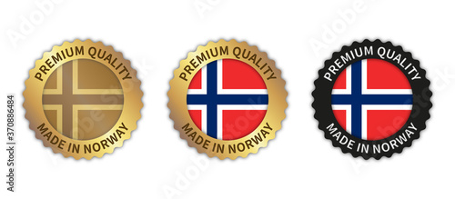 Set of 3 "Made in Norway" vector icons. Illustration with transparent background. Country flag encircled with gold/black stamp. Sticker/logo for product/website.